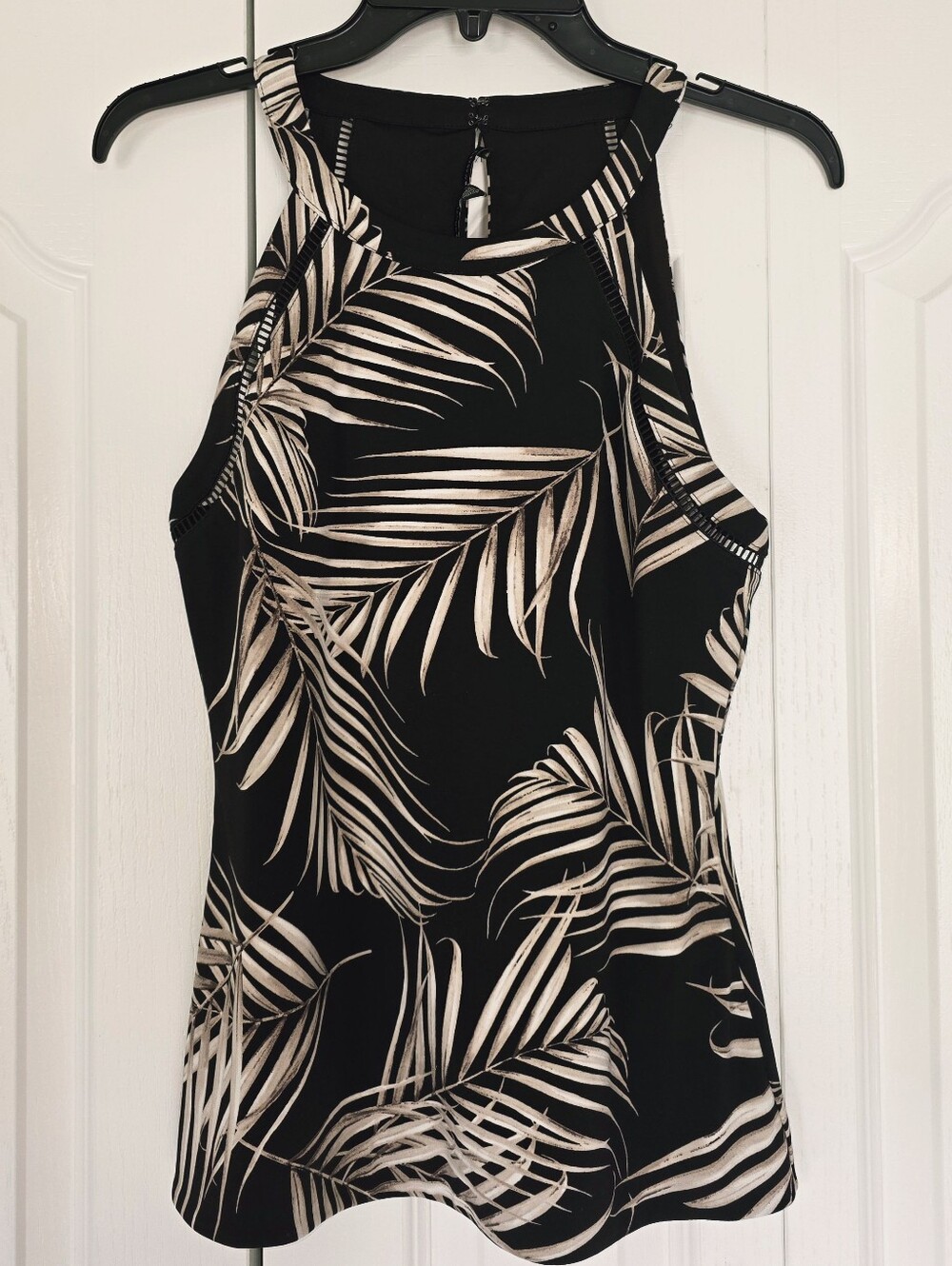 White House Black Market Black and Tan Palm-Print Halter Top, Small